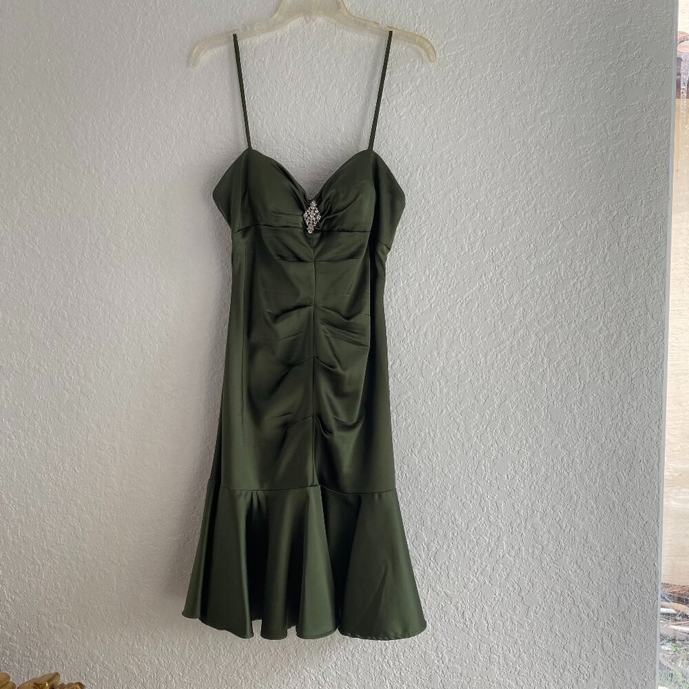 Xscape Petite 14P Satin Olive Green Mermaid Cocktail Dress Jeweled Spaghetti - Picture 9 of 10